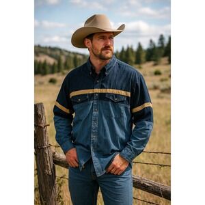 Panhandle Slim Button Down Shirt Blue Mens 2XL Long Sleeve Chest Pockets‎ Cotton
